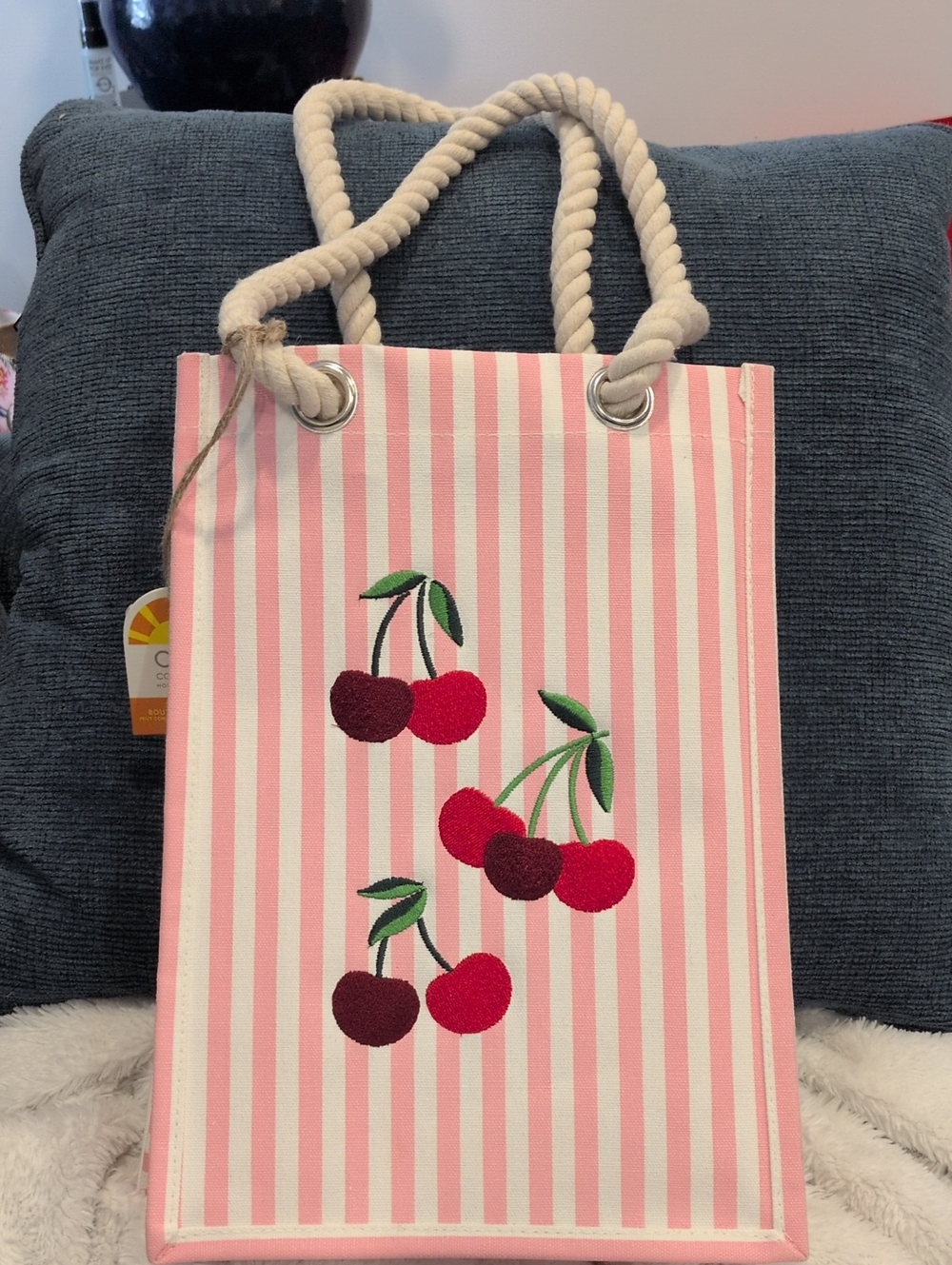 Cherry Embroidered Pink Striped Tote Bag